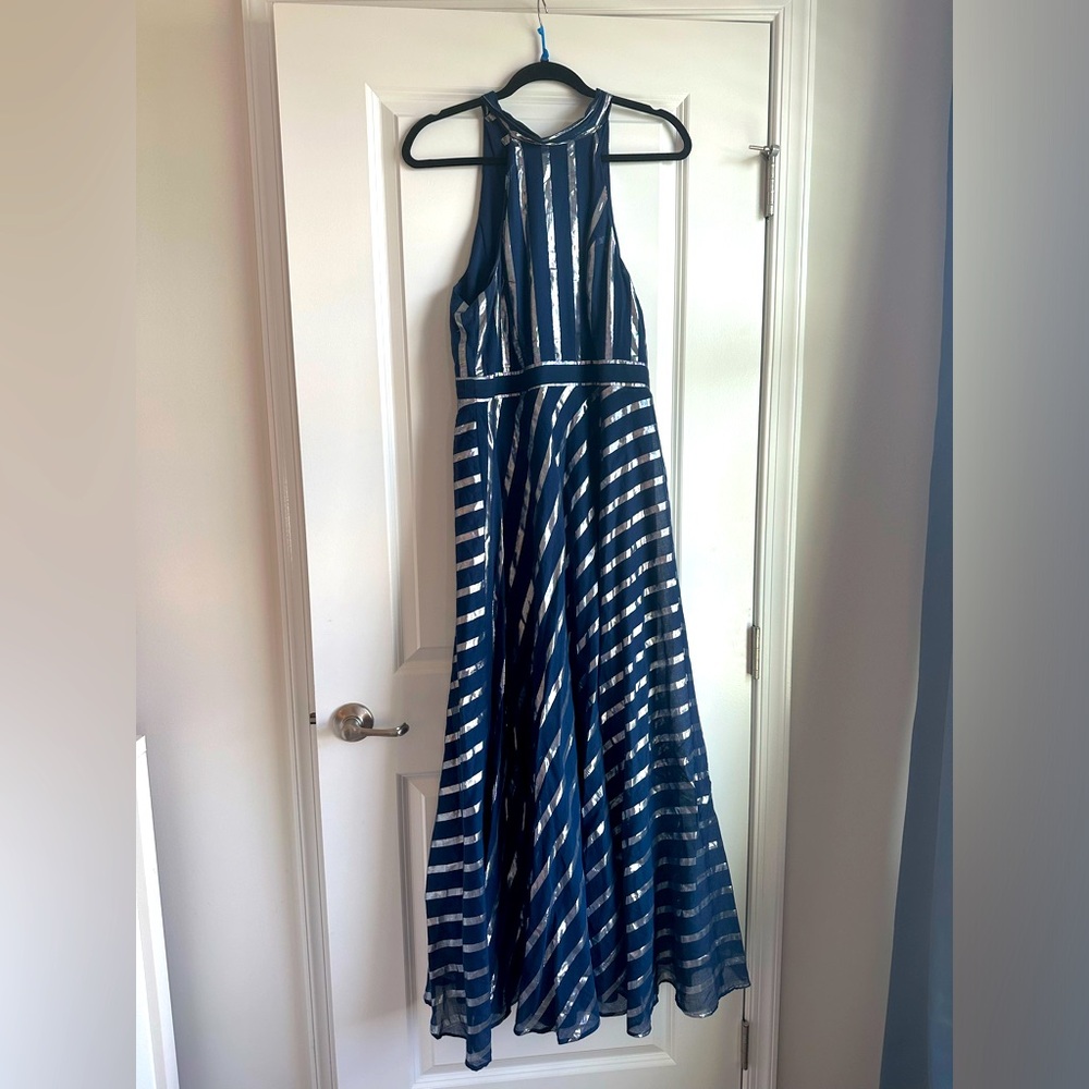 Laundry by Shelli Segal Blue and Silver striped maxi dress- SIZE 12